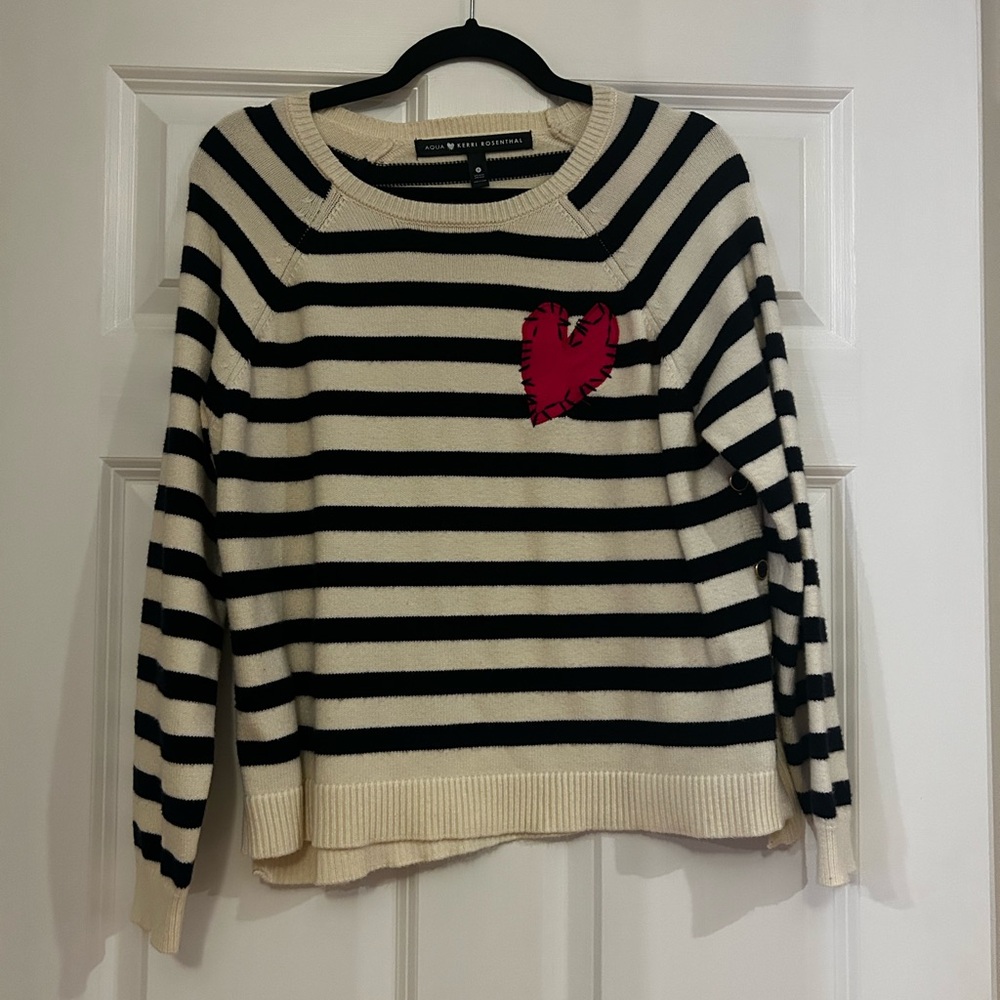 Cream and Black Striped Crewneck Sweater with pink Heart Patch